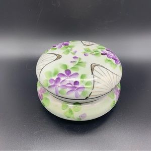 Vintage Porcelain Circular Vanity Jar Dresser Lidded Trinket Powder Dish Violet